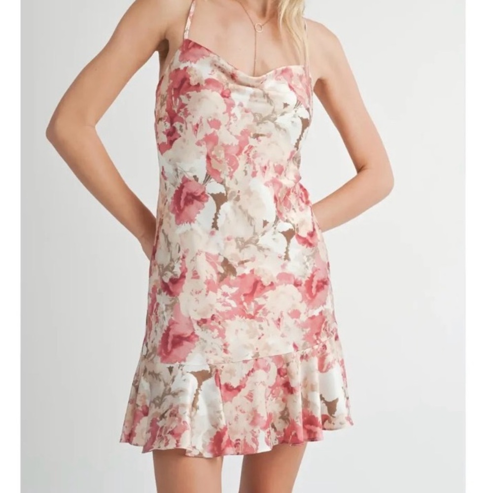 NWT Sadie & Sage Floral Satin Cowl Neck Slip Dress